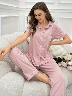 Women’s Pink Short-Sleeve Button Pajama Set New Boutique Size XL